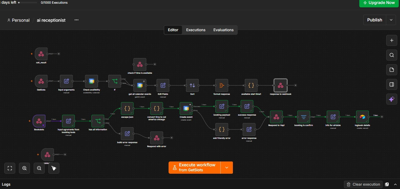 n8n editor showing the AI receptionist workflow with GetSlots and BookSlots tools, Google Calendar, Vapi responses, and Airtable logging